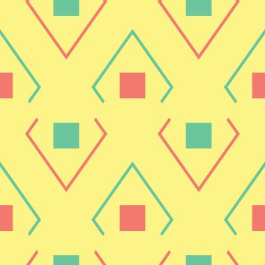 Geometrik sarı seamless modeli. Renkli arka plan duvar kağıtları, Tekstil ve kumaş için pembe ve yeşil tasarım ile