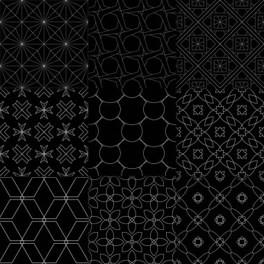 Siyah ve beyaz geometrik süsler. Web, Tekstil ve duvar kağıtları için klasik Dikişsiz desen koleksiyonu