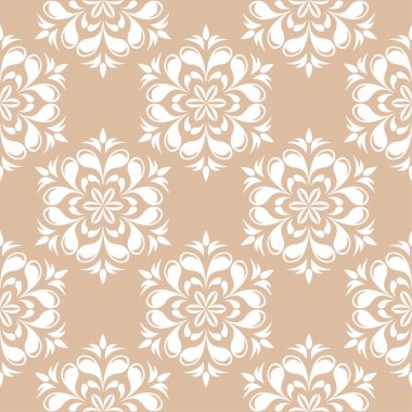 Bej renkli arka plan üzerinde beyaz çiçek süsleme. Tekstil ve duvar kağıtları için seamless modeli