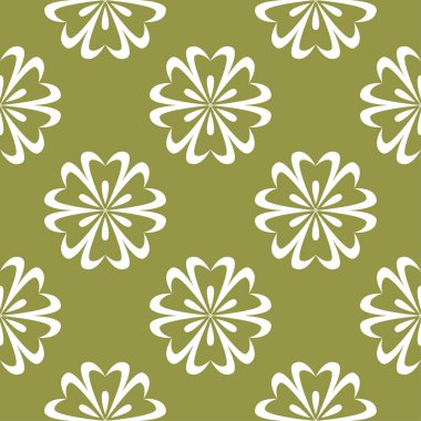 Zeytin yeşil zemin üzerine beyaz çiçek süsleme. Tekstil ve duvar kağıtları için seamless modeli