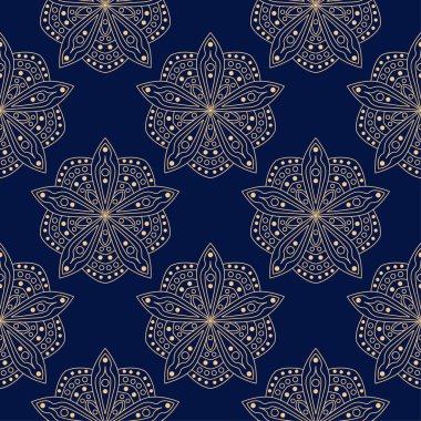 Koyu mavi zemin üzerine altın çiçek tasarım. Tekstil ve duvar kağıtları için seamless modeli