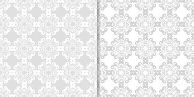 Işık gri ve beyaz çiçekli süsler. Tekstil ve duvar kağıtları için dikişsiz desen seti