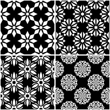 Çiçek desenleri. Siyah beyaz tek renkli kesintisiz arka planlar kümesi. Vektör çizim