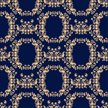 Koyu mavi zemin üzerine altın çiçek süsleme. Tekstil ve duvar kağıtları için seamless modeli