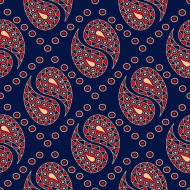 Geometrik mavi sorunsuz arka plan. Kırmızı ve bej renkli desen. Duvar kağıtları ve tekstil tasarım