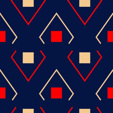 Geometrik seamless modeli. Duvar kağıtları, Tekstil ve kumaş için mavi arka plan üzerinde renkli kırmızı ve bej tasarım