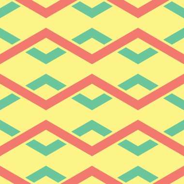 Geometrik şekilli elemanları ile sorunsuz arka plan. Parlak sarı arka plan duvar kağıtları, Tekstil ve kumaş için pembe ve yeşil tasarım ile