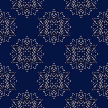 Koyu mavi zemin üzerine altın çiçek tasarım. Tekstil ve duvar kağıtları için seamless modeli