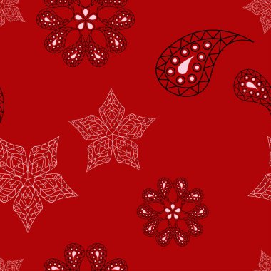 Çiçek seamless modeli. Duvar kağıtları ve Tekstil için kırmızı zemin üzerine siyah ve beyaz tasarım