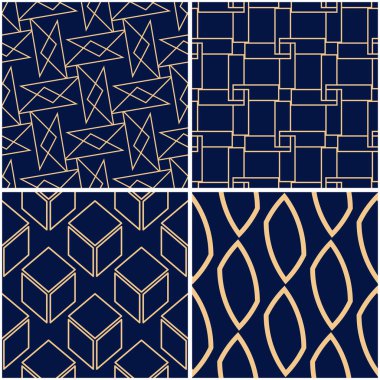Geometrik desenler. Altın mavi sorunsuz arka planlar kümesi. Vektör çizim