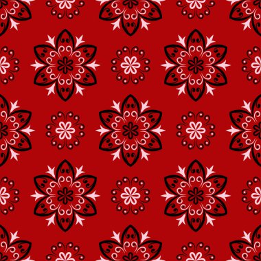 Sorunsuz çiçek arka plan. Kırmızı zemin üzerinde siyah-beyaz desen.