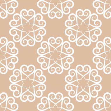 Bej renkli arka plan üzerinde beyaz çiçek süsleme. Tekstil ve duvar kağıtları için seamless modeli