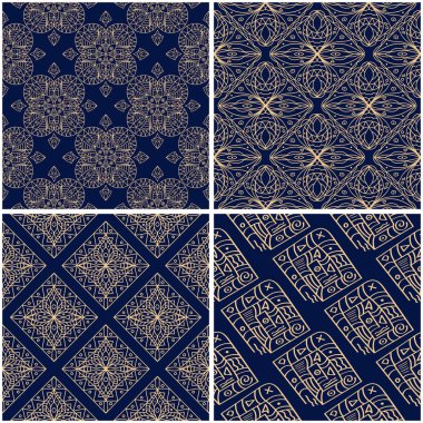 Geometrik desenler. Altın mavi sorunsuz arka planlar kümesi. Vektör çizim