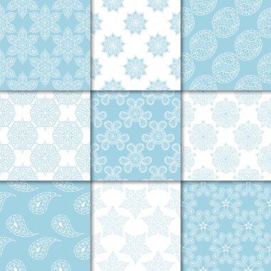 Mavi ve beyaz çiçekli süsler. Kağıt için dikişsiz desen koleksiyonu Tekstil