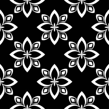 Siyah arka plan üzerine beyaz çiçek süsleme. Tekstil ve duvar kağıtları için seamless modeli