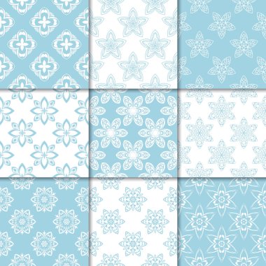 Mavi ve beyaz çiçekli süsler. Kağıt için dikişsiz desen koleksiyonu Tekstil