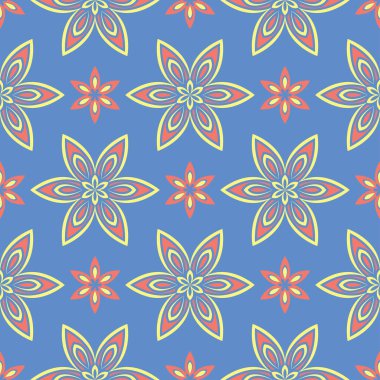 Çiçek tasarım ile mavi seamless modeli. Renkli arka plan duvar kağıtları, Tekstil ve kumaş için kırmızı sarı çiçek öğeleri ile