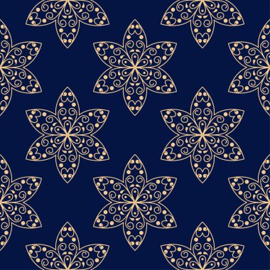 Koyu mavi zemin üzerine altın çiçek tasarım. Tekstil ve duvar kağıtları için seamless modeli