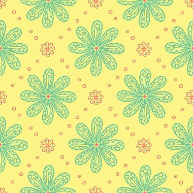 Çiçek tasarım ile Seamless modeli. Parlak sarı arka plan duvar kağıtları, Tekstil ve kumaş için pembe ve yeşil çiçek öğeleri