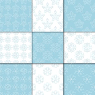 Mavi ve beyaz çiçekli süsler. Kağıt için dikişsiz desen koleksiyonu Tekstil