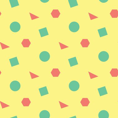 Geometrik seamless modeli. Sarı arka plan duvar kağıtları, Tekstil ve kumaş için pembe ve yeşil tasarım ile