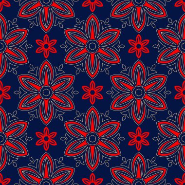 Çiçek seamless modeli. Duvar kağıtları, Tekstil ve kumaş için renkli kırmızı ve mavi arka plan