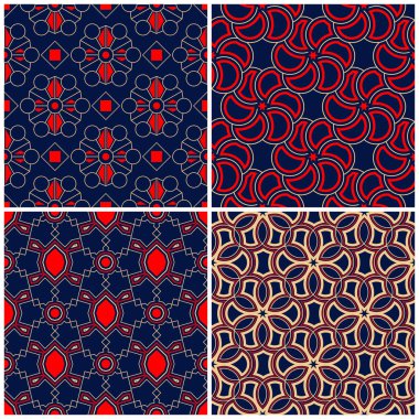 Sorunsuz arka planlar. Mavi klasik bej ve kırmızı duvar kağıtları, Tekstil ve kumaş için geometrik desenlerle ayarlar