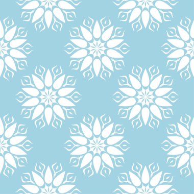 Mavi zemin üzerine beyaz çiçek süsleme. Tekstil ve duvar kağıtları için seamless modeli