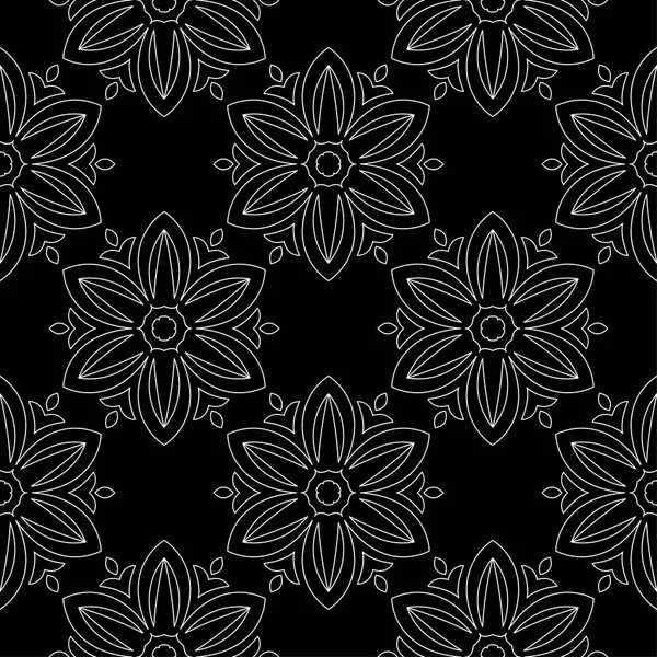 黑色背景上的白色花朵 纺织品和墙纸装饰无缝图案 — 图库矢量图片