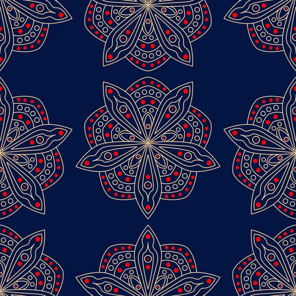 Fondo Azul Sin Costuras Patrón Floral Beige Rojo Para Fondos — Vector de stock