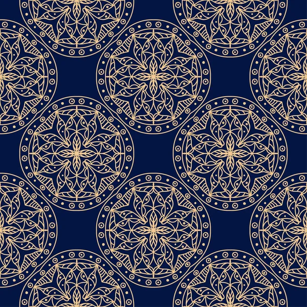 Goldenes Geometrisches Ornament Auf Blauem Hintergrund Nahtloses Muster Für Web — Stockvektor