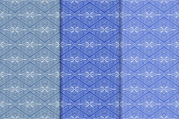 Набір Геометричних Орнаментів Сині Вертикальні Безшовні Візерунки Веб Текстилю Шпалер — стоковий вектор