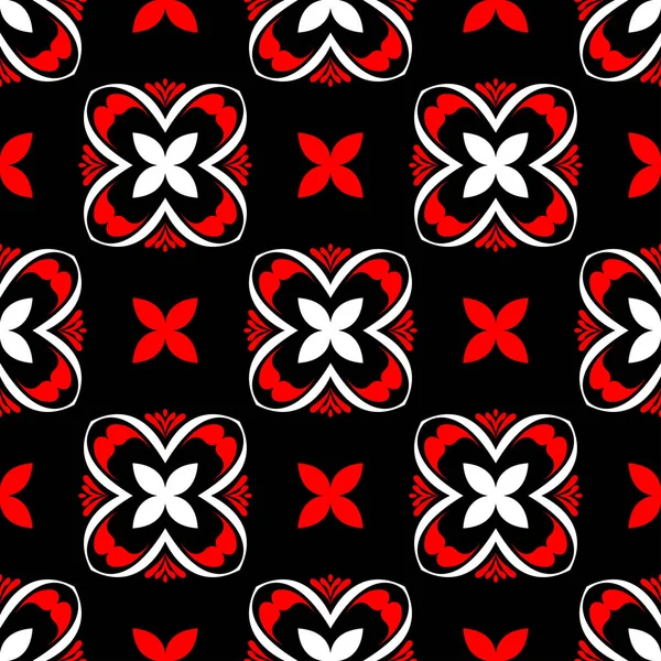 Sorunsuz çiçek desenli. Siyah arka plan üzerinde öğeleri kırmızı ve beyaz.