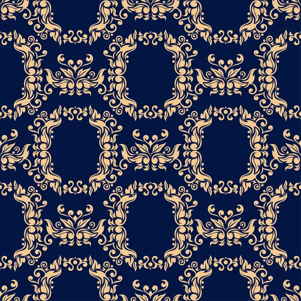 Golden Floral Ornament Dark Blue Background Seamless Pattern Textile Wallpapers — Stock Vector