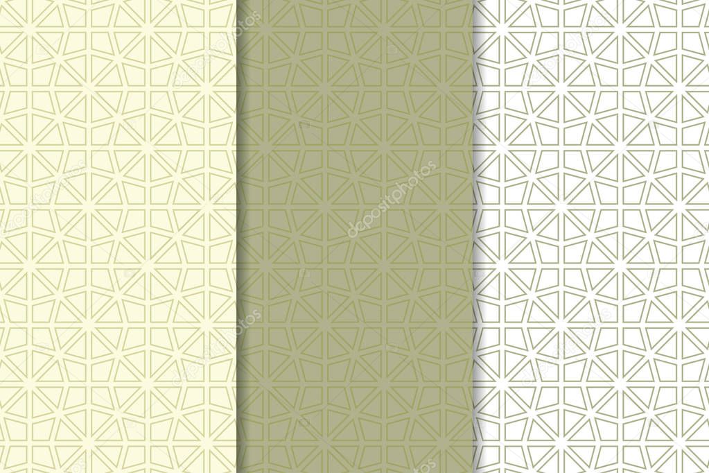 Olive green and white geometric set of vertical seamless patterns for web, textile and wallpapers