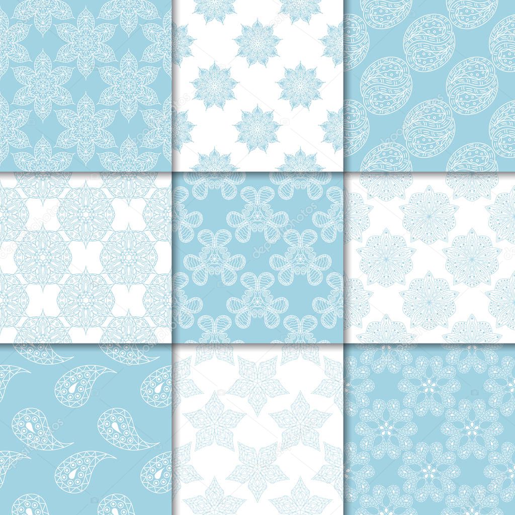 Blue and white floral ornaments. Collection of seamless patterns for paper, textile