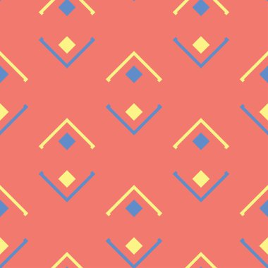 Geometrik seamless modeli. Parlak kırmızı bir arka plan duvar kağıtları, Tekstil ve kumaş için mavi ve sarı tasarımı ile