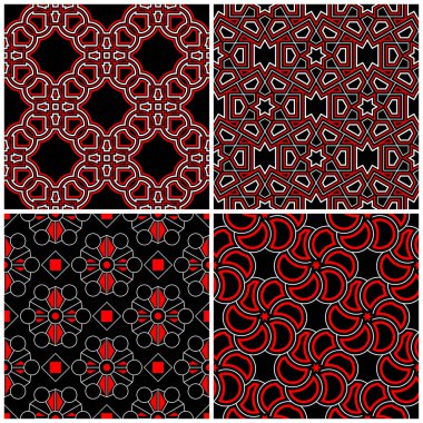 Sorunsuz siyah beyaz ve kırmızı desenler. Klasik geometrik arka plan duvar kağıtları ve tekstil
