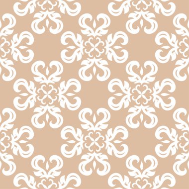 Bej sorunsuz arka plan üzerinde beyaz çiçek süsleme. Tekstil ve duvar kağıtları için seamless modeli