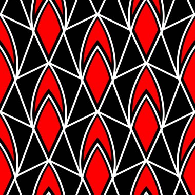 Geometrik seamless modeli. Duvar kağıtları, Tekstil ve kumaş için siyah arka plan üzerinde öğeleri kırmızı ve beyaz