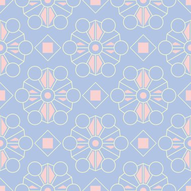 Geometrik desenli sorunsuz arka plan. Tekstil ve duvar kağıtları için mavi zemin üzerinde öğeleri pembe ve bej