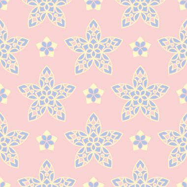 Çiçek soluk pembe seamless modeli mavi ve bej tasarımları ile. Arka plan duvar kağıtları, Tekstil ve kumaş için