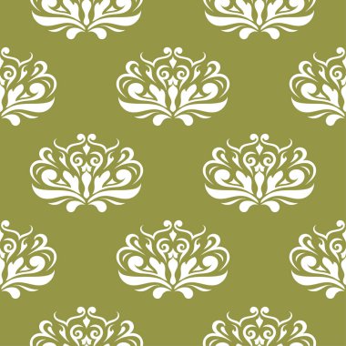 Zeytin yeşil zemin üzerine beyaz çiçek süsleme. Tekstil ve duvar kağıtları için seamless modeli