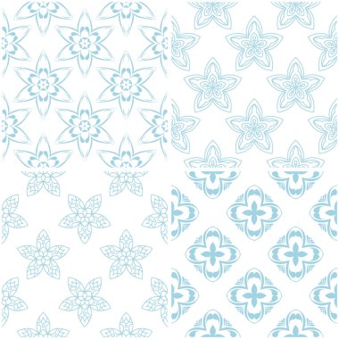 Çiçek desenleri. Beyaz ışık mavi öğeleri kümesi. Sorunsuz arka planlar. Vektör çizim