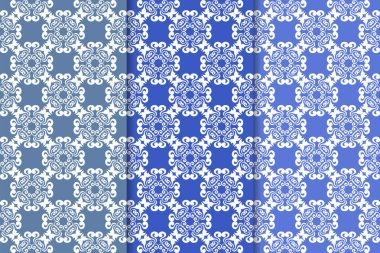 Mavi çiçekli süsler. Duvar kağıtları ve kumaşlar için dikey Dikişsiz desen seti