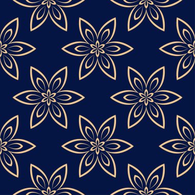 Koyu mavi zemin üzerine altın çiçek süsleme. Tekstil ve duvar kağıtları için seamless modeli