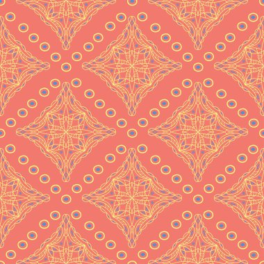 Geometrik seamless modeli. Parlak kırmızı bir arka plan duvar kağıtları, Tekstil ve kumaş için mavi ve sarı tasarımı ile