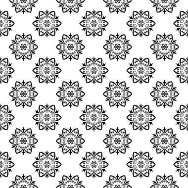 Siyah ve beyaz çiçekli süsler. Tekstil ve duvar kağıtları için seamless modeli