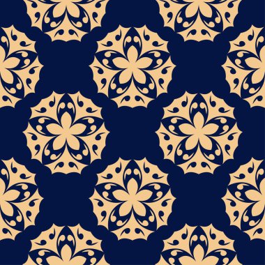 Koyu mavi zemin üzerine altın çiçek süsleme. Tekstil ve duvar kağıtları için seamless modeli