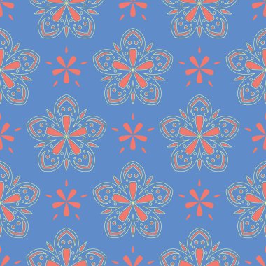 Çiçek seamless modeli. Duvar kağıtları, Tekstil ve kumaş için mavi arka plan üzerinde kırmızı ve sarı çiçek öğeleri